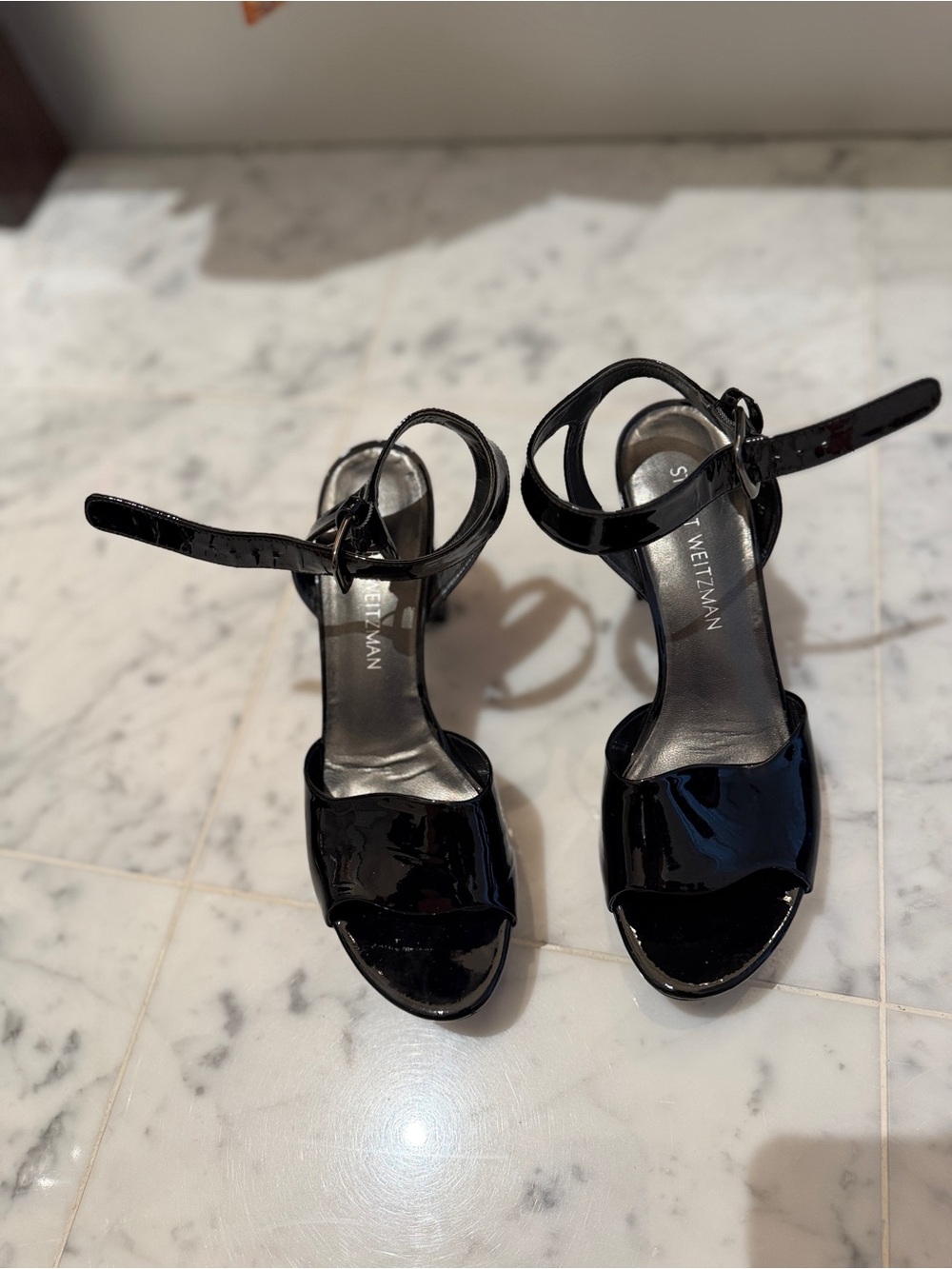 Stuart Weitzman Black Patent Open-Toe Ankle-Strap Sandals SZ8